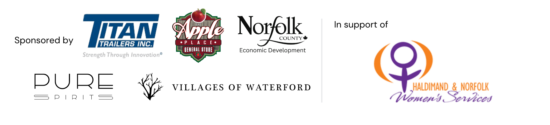 Sponsor logos including Titan Trailers, the Apple Place, Villages of Waterford, and Pure Spirits.